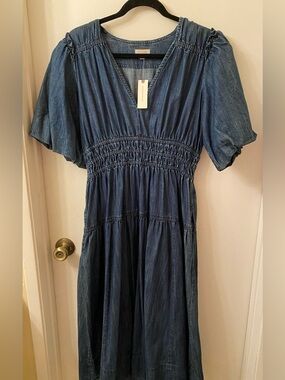 NWT- Anthropologie Pilcro Denim Blue V-Neck Smocked Waist Dress